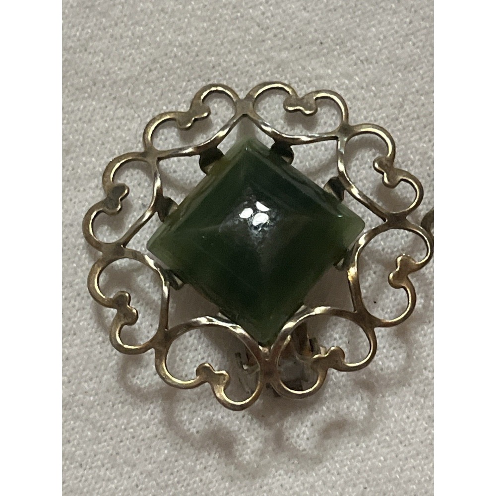 Vintage Green Cabochon Gold Filigree Clip On Earrings